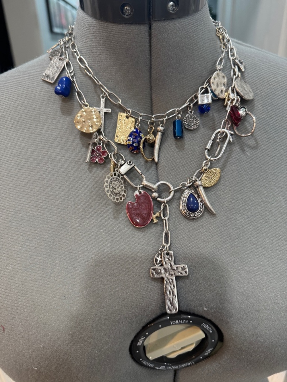 Layered Charm Necklace with Red and Blue Accents - Unbranded